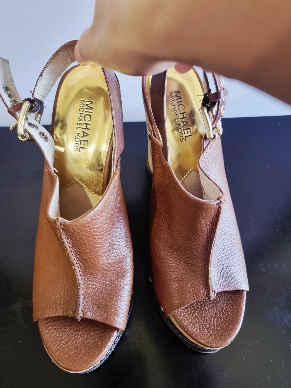 Michael Kors Brown Leather and Suede Wedge Sandals with Stud Accents